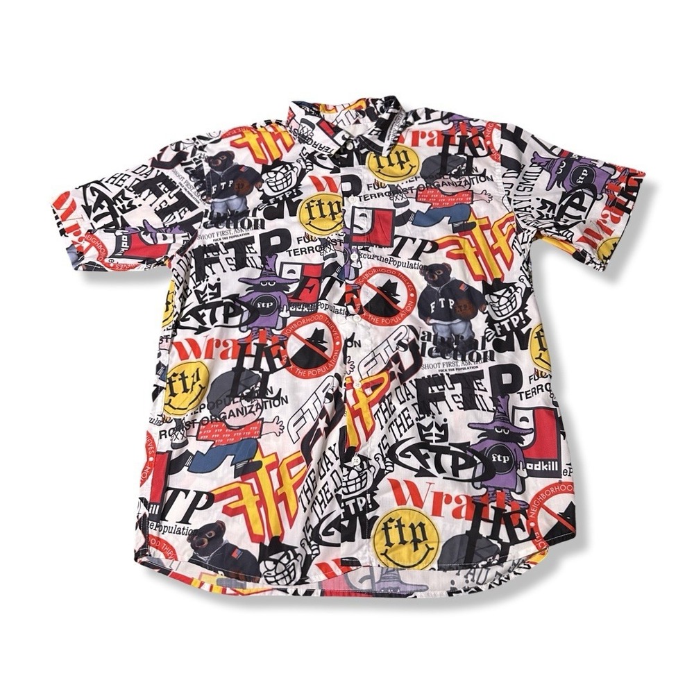FTP AOP All Over Print Archive White Button Up Shirt Size Medium